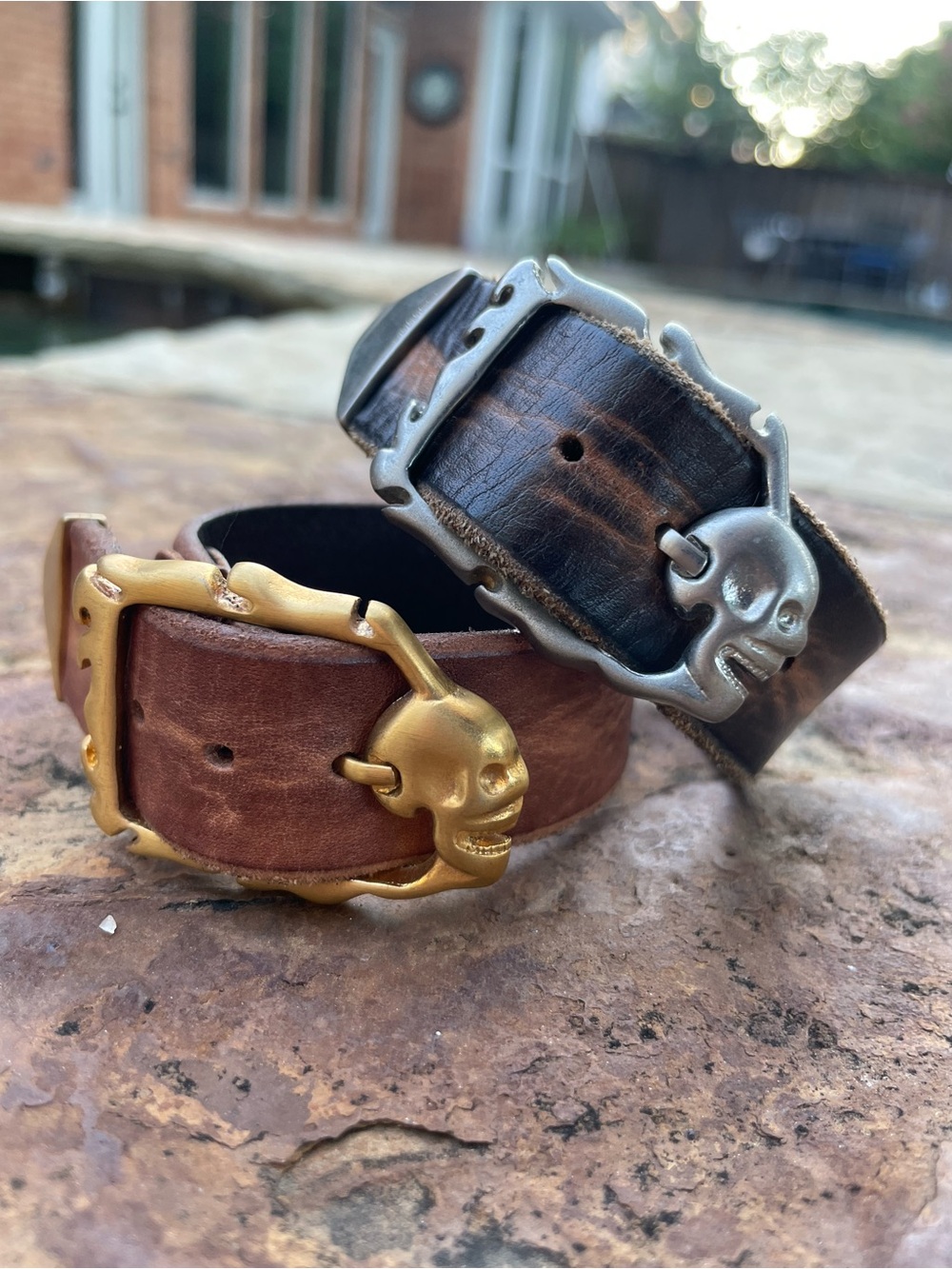 Roberto Arichi Skull Buckle Brown Leather Cuff Bracelets Set of 2 - silver gold